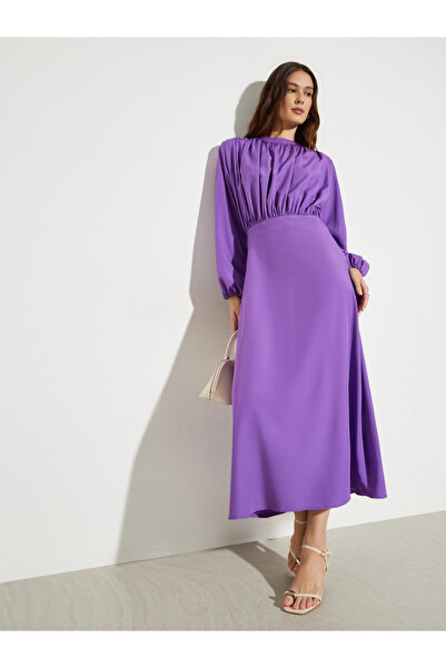 Styli Purple Fold Pleat Yoke A-Line Midi Dress
