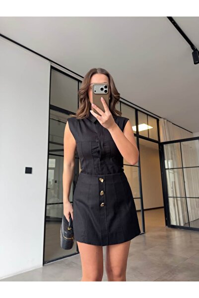 BB Bensu Buyruk Gold Button Detail Vest Skirt Suit Black