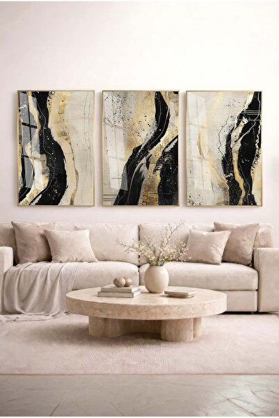 Zevahir Mobilya Dekorasyon Boho 3-Piece Glass Painting Set with Black and Gol...
