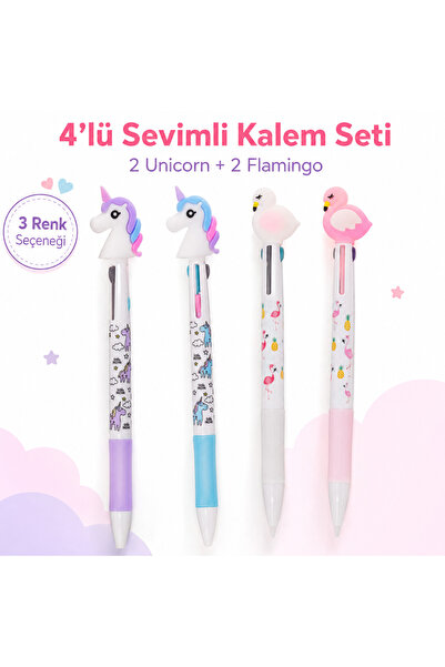 Mikro 4'lü Sevimli Figürlü Kalem Seti - 2 Unicorn + 2 Flamingo 3 Renkli Tüken...