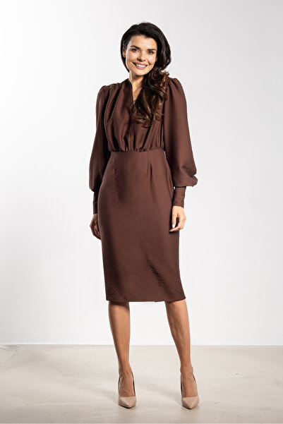 Awama Midi dress A735, long puff sleeves, brown, rayon|nylon, XL INTL