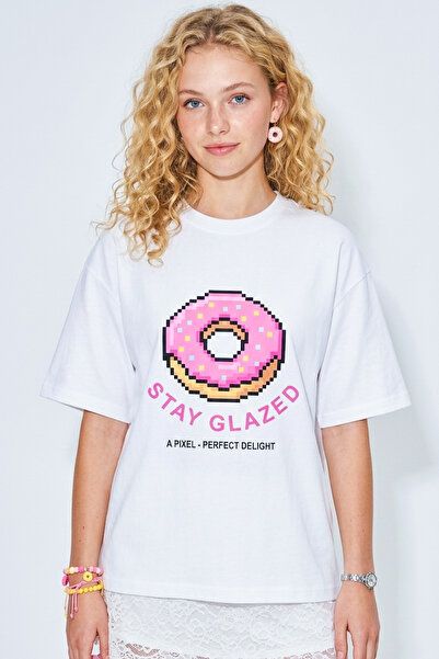 HOXİE Women's White Stay Glazed Pixel Donut Printed Oversize T-Shirt