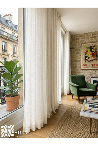 Fluiana Paris Keten Tül Perde |Ekru Keten Ekstrafor Büzgülü Pilesiz Düz Dikim...