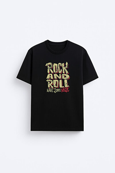 AYDESİGN Tricou negru din țesătură de bumbac cu imprimeu Rock n Roll