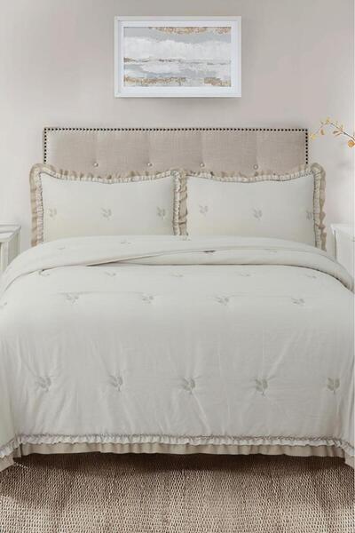 Çeyiz Diyarı Bigo Embroidered Ruffled Double Bedspread Beige