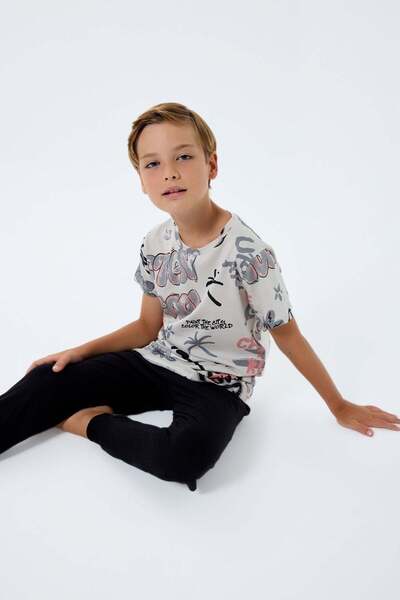 Rolypoly Boys' 2-14 Years Old Printed Short Sleeve Pajama Set Beige