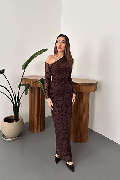 Caddebostan Moda One-Shoulder Transparent Detailed Jacquard Long Evening Dress