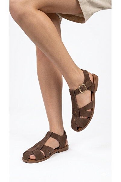 uway Women's Suede Gold Buckle Detailed Cage Sandals Soft Non-Slip Luxury Sol...