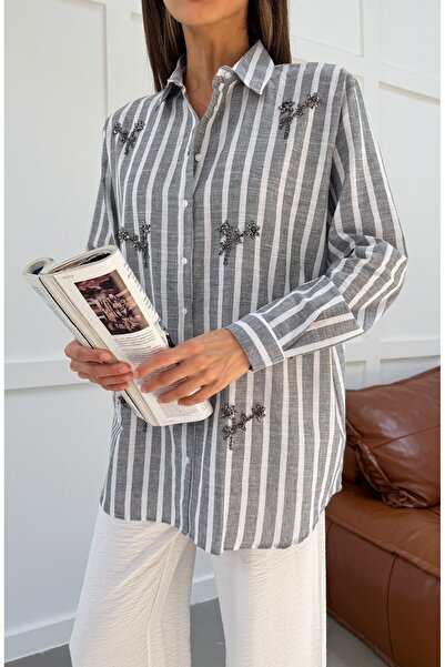 MİA NOURA Women's Striped Fabric Shirt with Hand-Applied Front Decoration