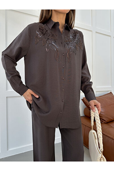 MİA NOURA Women's Shirt with Beaded Embroidery on Front and Sleeves, Oversize...