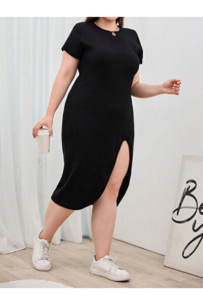 Wear Up Women's Plus Size Short Sleeve Side Slit Crew Neck Viscose Dress