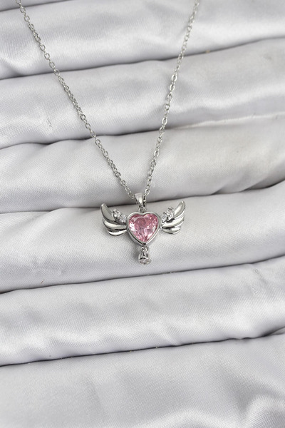 Generic Brand 316L Steel Chain Silver Color Winged Heart Model Zircon Stone W...