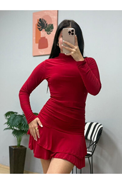 Efnaz style Women's Long Sleeve Turtleneck Mini Ruffle Sandy Dress - L-Xl - Red