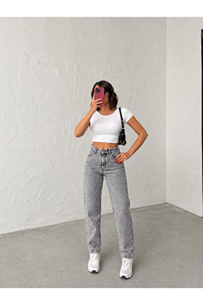blue wings denım co. Gray Snow Front Leg Stone Accent Mom Jeans Denim Pants