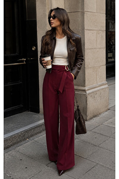 Get Crazy Women's Burgundy Pants with Buckle Fastening