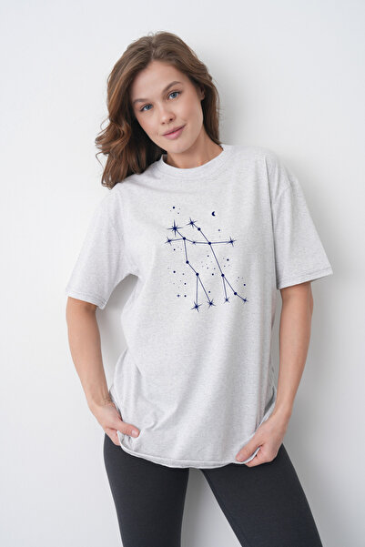 TREND EMMODA Tricou casual gri cu gât rotund, cu imprimeu Constelația Gemeni,...