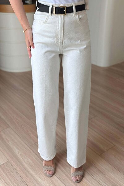 Ka Hijab Belted High Waist Mom Jean - Ecru
