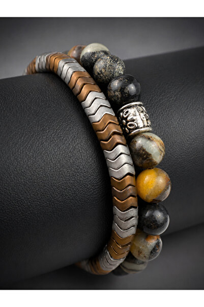 Takıtolia Kross Brown Natural Stone & Metallic Rubber Double Bracelet Set Men...