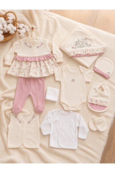 Pure Boutique Set bebe fetita 10 piese crem roz din bumbac cu imprimeu floral...