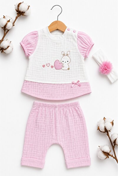 Pure Boutique Light pink muslin baby set with bunny and headband 3 pieces
