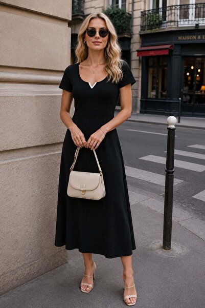 Mossta Short Sleeve V Neck Viscose Dress - Black