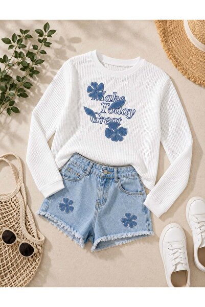 Lolliboomkids Girl's Denim Patch Embroidered Summer Sweatshirt / Top Wear