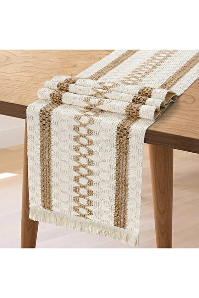BPA Silk Route Macrame Table Runner, Boho Cotton Linen, Natural Burlap with T...