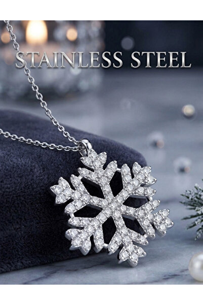 stainless steell قلادة فولاذية موديل ندفة الثلج مرصعة بحجر الزركون باللون الفضي