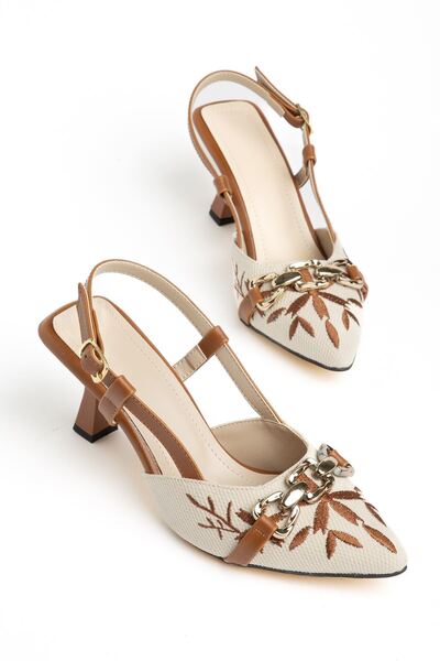 Moda Eleysa Katya Women's Tan Embroidered Gold Accessory Heeled Shoes