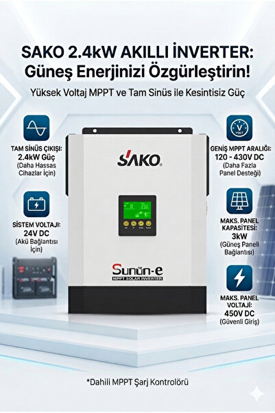 SAKO Sunon-E 2.4 kW 3 kVA 24V Tam Sinüs Akıllı İnverter - Yüksek Voltaj MPPT
