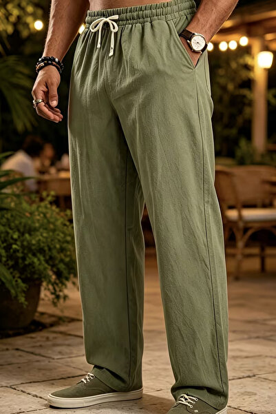 Oxmen Avant Garde Men's Khaki Real Linen Cotton Pants with Elastic Waist, Loo...