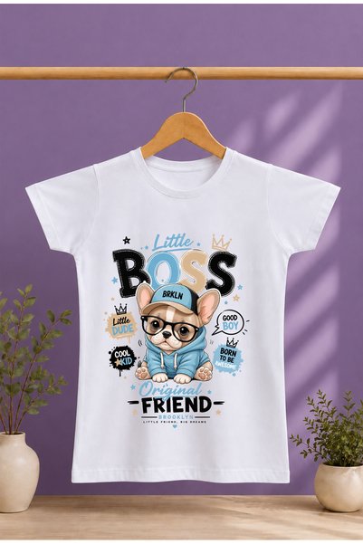ModaXen Children's T-Shirt with the Words Little Boss Printed on It, 100% Cotton, Short-Sleeved T-Shirt
