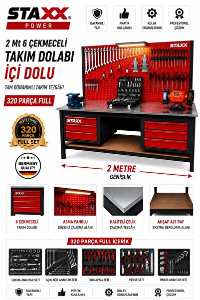 STAXX POWER 2 Metre 6 Çekmeceli 268 Parça Dolu Takım Tezgahı Full Profesyonel...