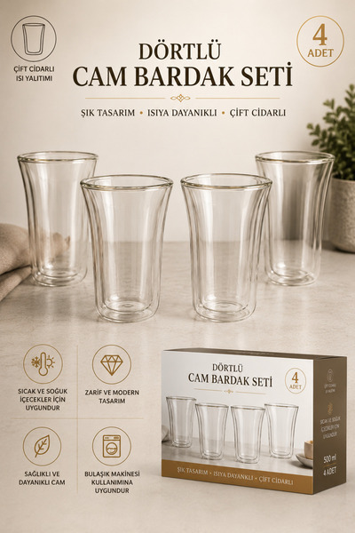 Bayguru 4’lü Çift Cidarlı Cam Bardak Seti 500Ml – Isı Yalıtımlı Şık Tasarım