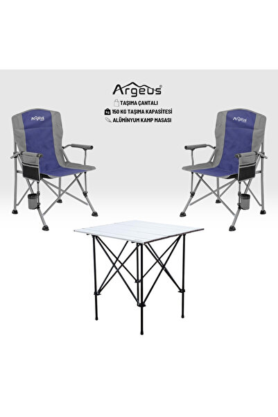 ARGEUS 2 Adet Katlanır Kamp Sandalyesi ve Alüminyum Masa Seti - Rustic Silver...