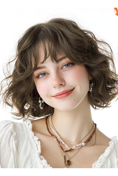 Barsdar French bob wig, short, wavy, with bangs, synthetic hair, brunette, 30 cm