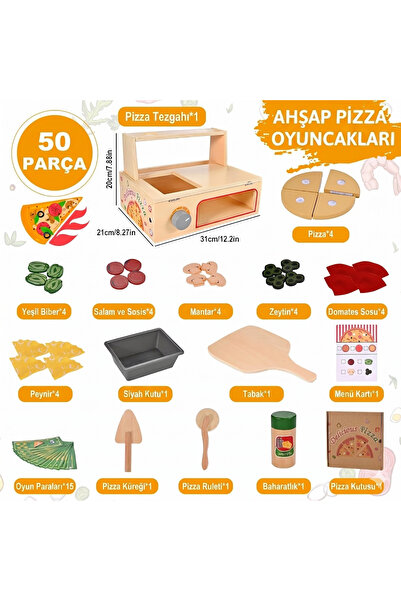 Limon Dekor Ahşap Çocuk Mutfak Seti Oyuncak Pizza Fırını - 50 Parça Eğitici Montessori Evcilik Oyunu