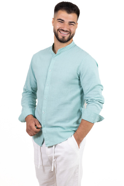 MAXWEAR Cămașă verde aqua din in 100% cu guler tunica