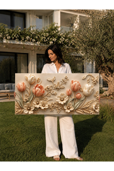 My canvas Premium Seri Kabartma Görünümlü Şakayık ve Lale Desenli 3D Rölyef D...