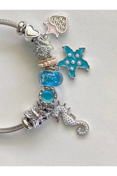 Ustaeller Steel Bracelet with Crowned Heart, Blue Starfish, White Seahorse an...
