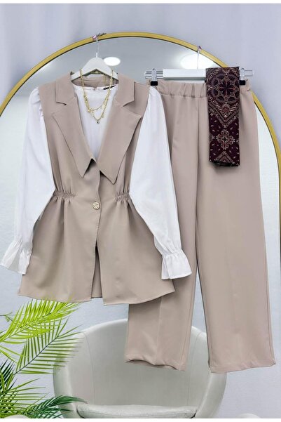 MODA VEDAT Women's Waist Drawstring Button Detailed Trouser Suit -0550