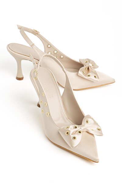 Moda Eleysa Perla Women's Beige Satin Bow with Gold Detail Classic Heeled Shoes
