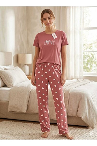Shine Elagance Pink Borda Milan Fabric Short Sleeve Top and Long Bottom Women...