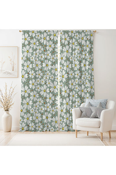 Hanna Home Yeşil Gri Floral Desenli Kadife Görünümlü Salon Fon Perde