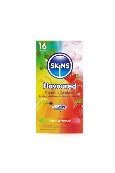 Skins واقي ذكري متعدد النكهات (4 موز + 4 نعناع + 4 فراولة + 4 علكة) من سكينز ...