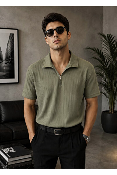 LU DUE Sahra Kumaş Yarım Fermuarlı Çizgili Oversize Polo Yaka t-shirt