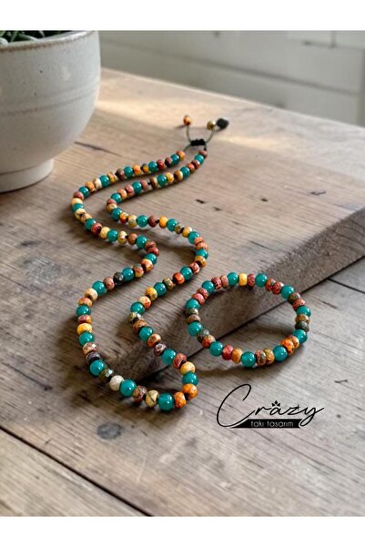 CRAZY TAKI TASARIM 8 mm Green Agate & Jasper Natural Stone 70-80 cm Long Men'...