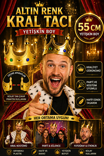 Tamsena Store Altın Renk Plastik Kral Tacı Yetişkin Boy Parti Kostüm Kraliyet...