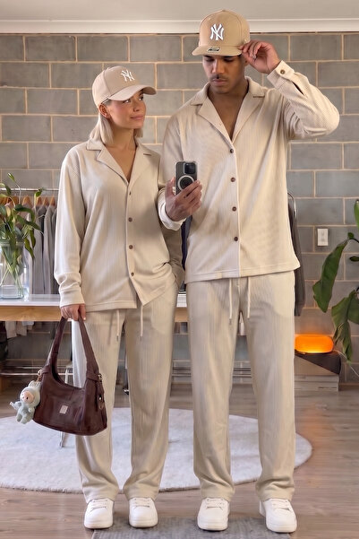 modasende Set de 2 piese Lover Combination, cămașă și pantaloni bej din twill...