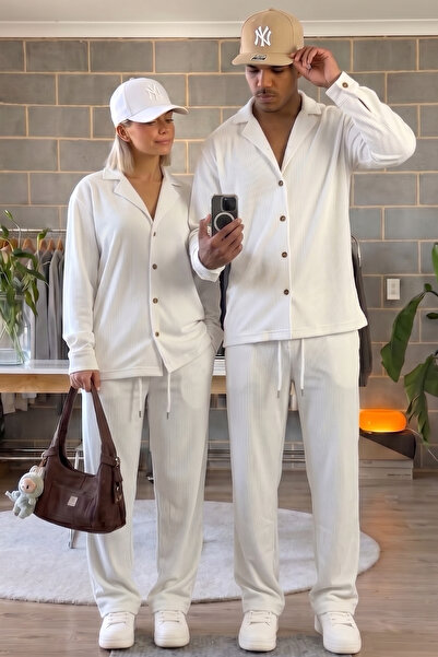 modasende Set de 2 piese Lover's Combination, cămașă și pantaloni albi din tw...
